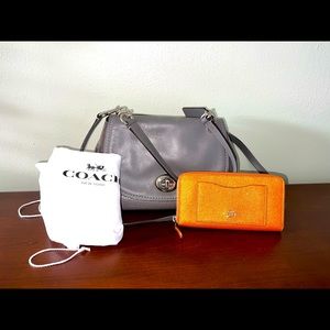 Coach: Grey shoulder bag with orange metallic wallet (dust bag included)